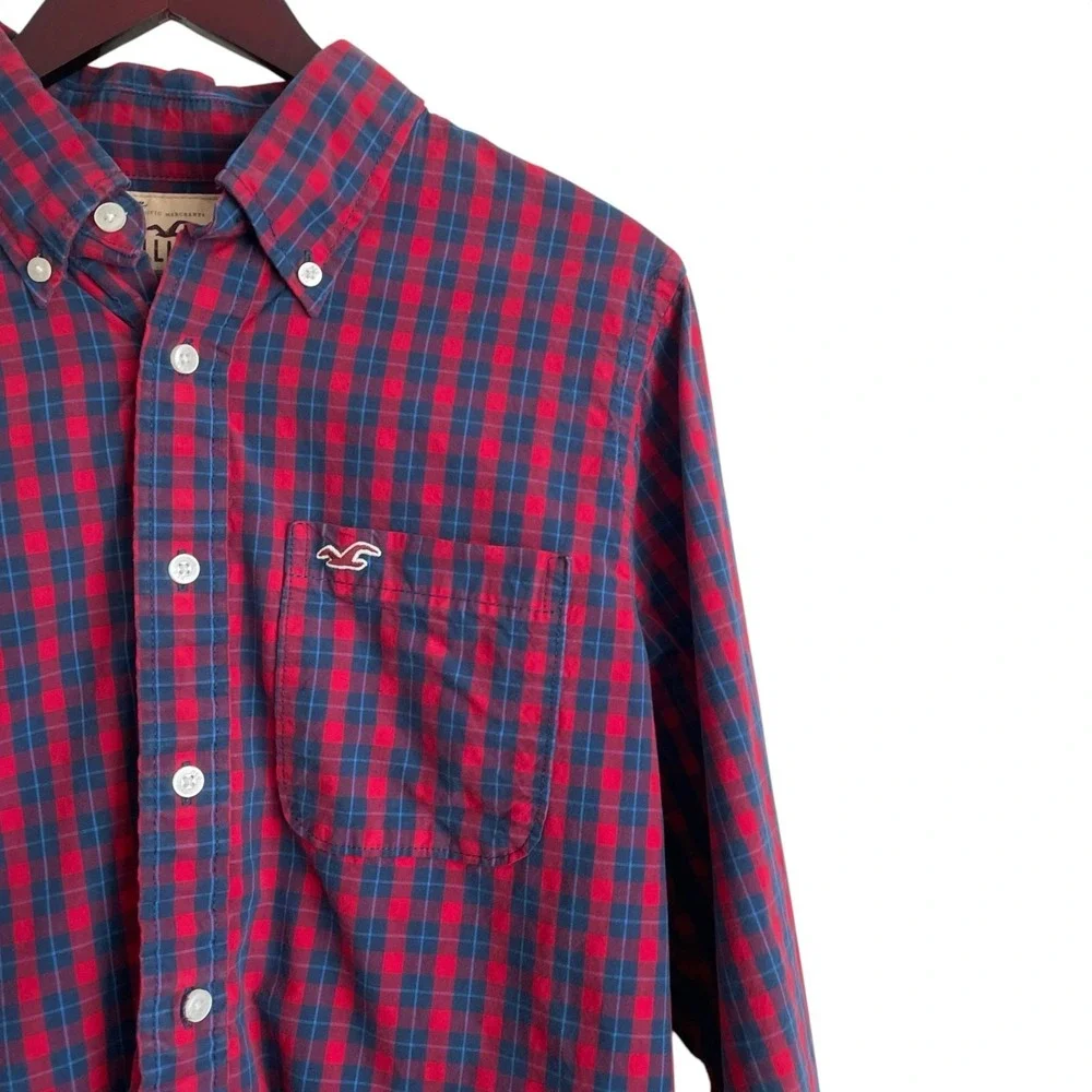 Hollister Mens Button Down Shirt XL Red Blue Plaid Cotton Long Sleeve Preppy